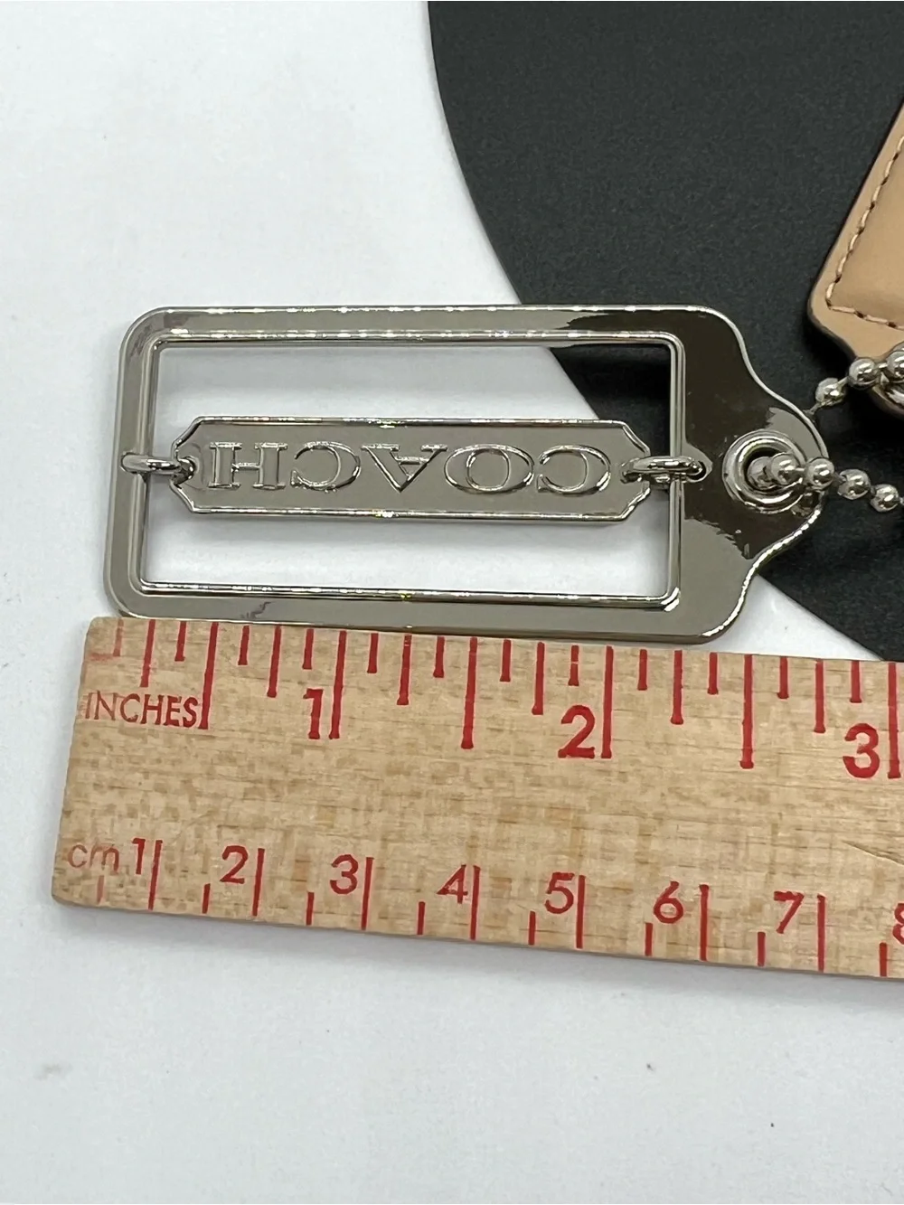 COACH Beige Leather Silver Logo 3 Piece Bag Charm Keychain Hang Tag Set